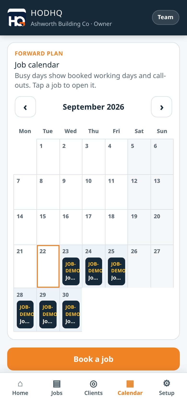 Demo product shot — HODHQ calendar with job bookings