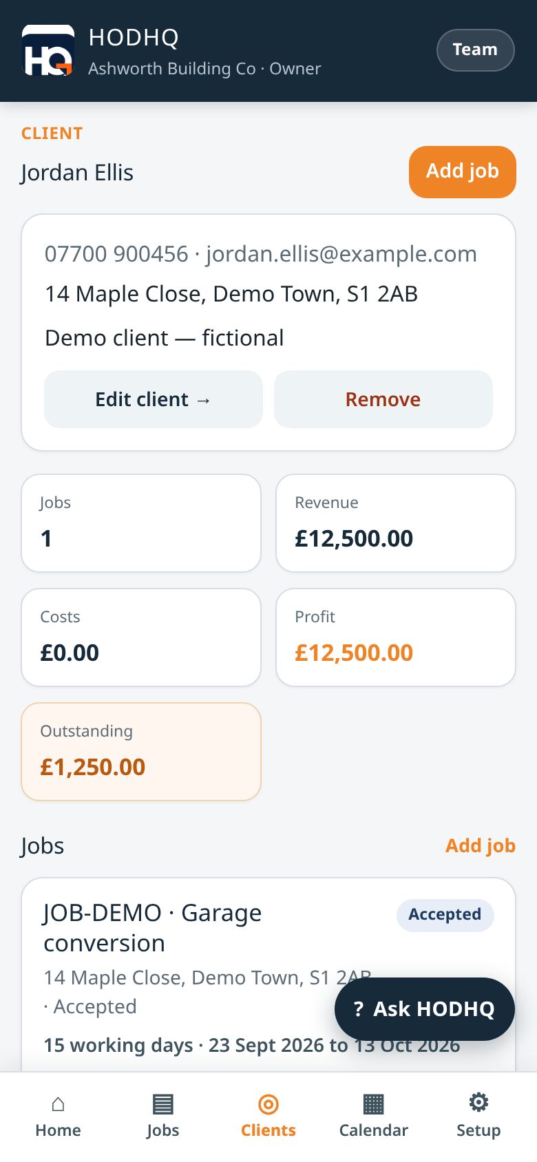 Demo product shot — HODHQ client hub for Jordan Ellis showing jobs and figures