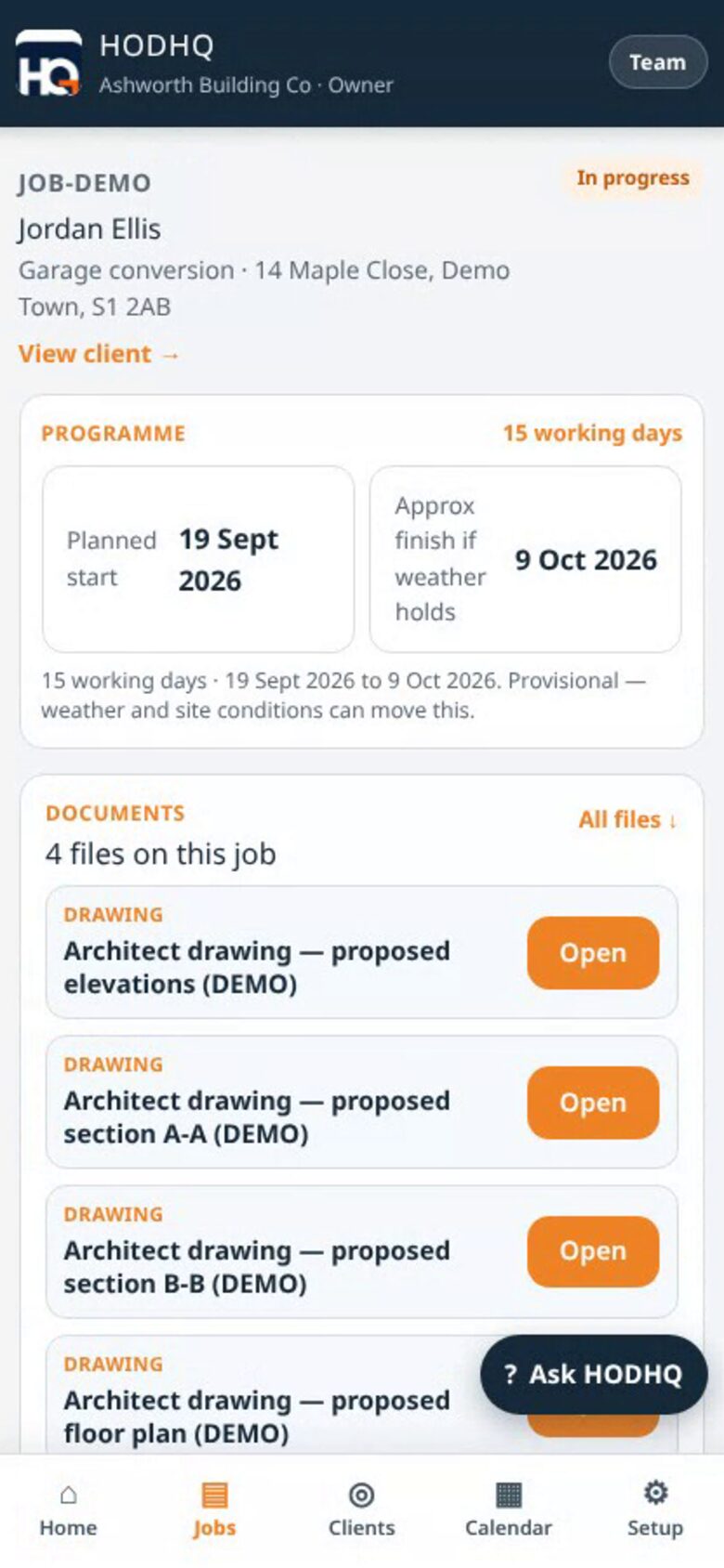 Demo product shot — job Documents card with architect drawings and Create document for JOB-DEMO