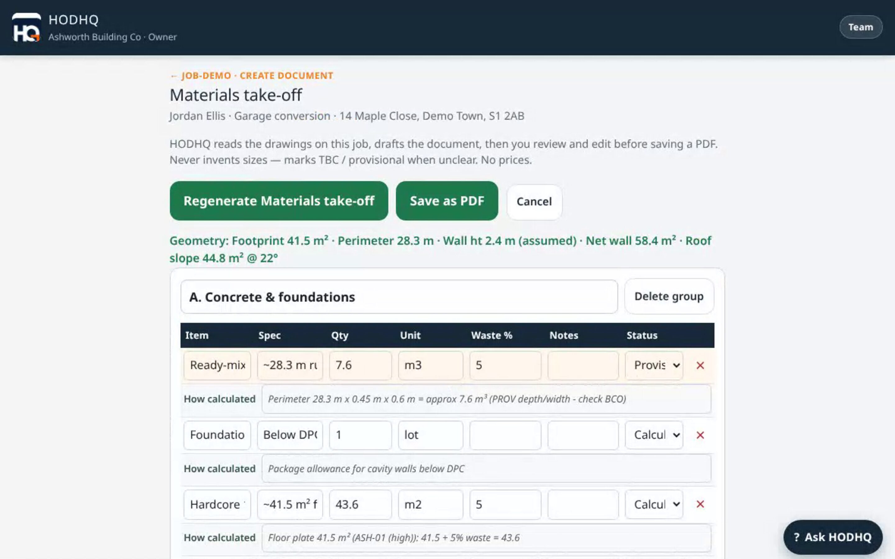 Demo product shot — materials take-off review on desktop with how calculated notes