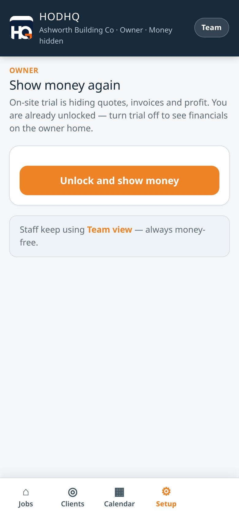 Demo product shot — Ashworth Building Co owner PIN unlock for financials