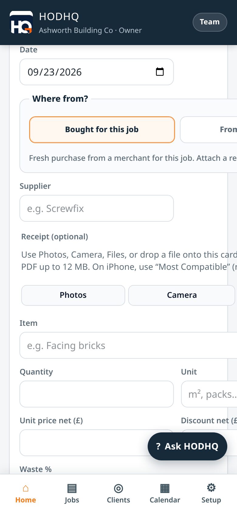 Demo product shot — add material with Receipt Photos Camera Files attach UI