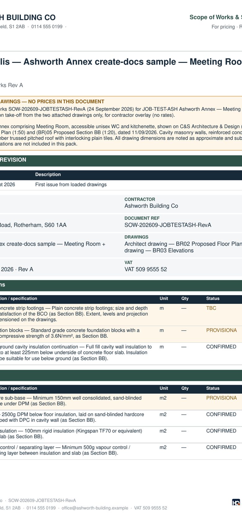 Demo product shot — Schedule of Works PDF for Ashworth Building Co and Jordan Ellis