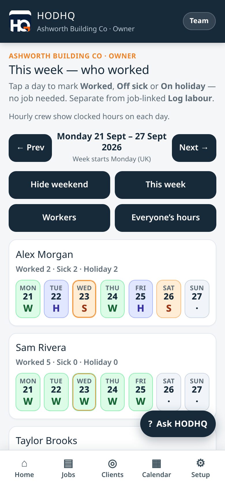 Demo product shot — HODHQ this week timesheet showing Worked, Off sick and On holiday